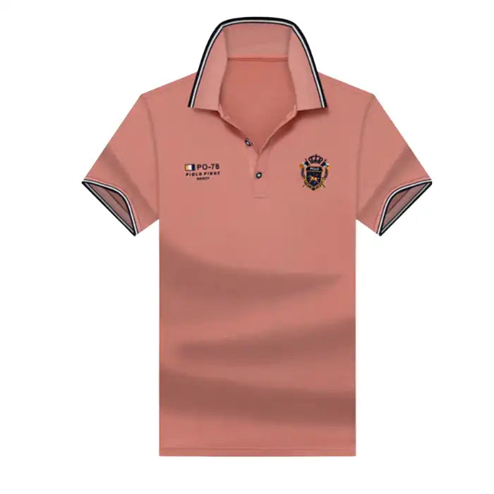  Men's plus size polo shirt in rose pink with embroidered crest and striped collar and sleeve edges