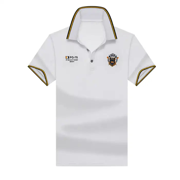  Men's plus size polo shirt in white with black-yellow collar and sleeve stripes and embroidered crest