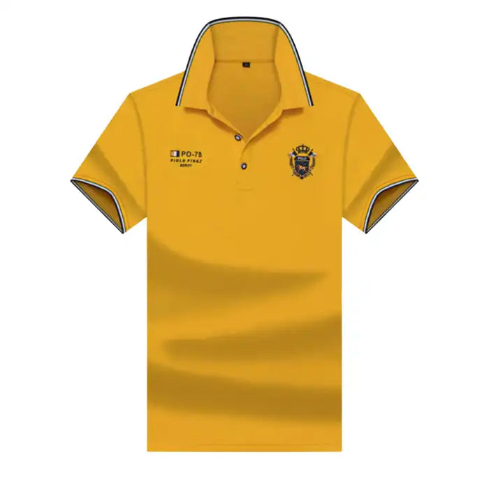 Men's plus size polo shirt in bright yellow with embroidered logo and black-white collar trim