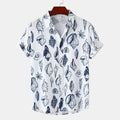 Men's plus size printed button up short sleeve shirt with navy seashell design on white fabric
