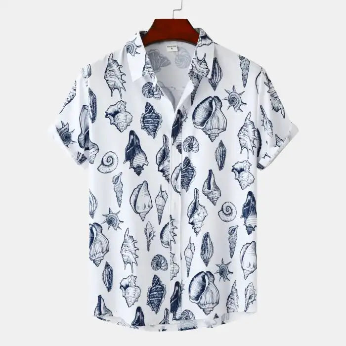 Men's plus size printed button up short sleeve shirt with navy seashell design on white fabric