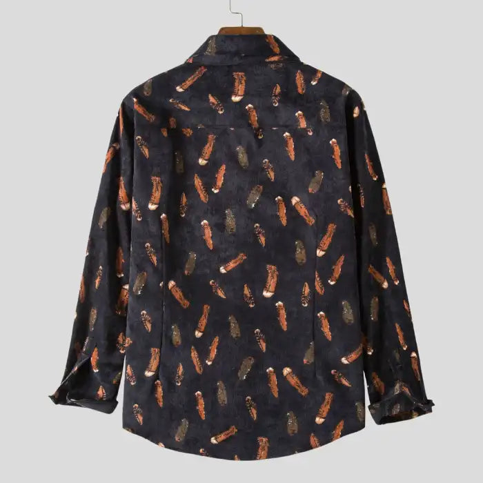 Men's plus size printed casual button-up shirt with dark background and colorful patterns shown from the back.