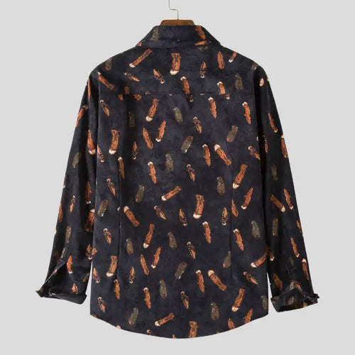 Men's plus size printed casual button-up shirt with dark background and colorful patterns shown from the back.