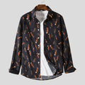 Men's plus size printed casual button-up shirt with dark background and colorful patterns shown from the front.