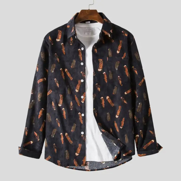 Men's plus size printed casual button-up shirt with dark background and colorful patterns shown from the front.