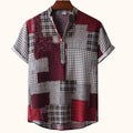 Men's plus size printed short sleeve blouse with patchwork pattern in red, black, and gray colors on hanger.