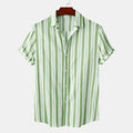  Men's plus size striped short sleeve shirt with green and white vertical stripes, button-up front, and rolled sleeves
