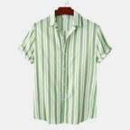  Men's plus size striped short sleeve shirt with green and white vertical stripes, button-up front, and rolled sleeves