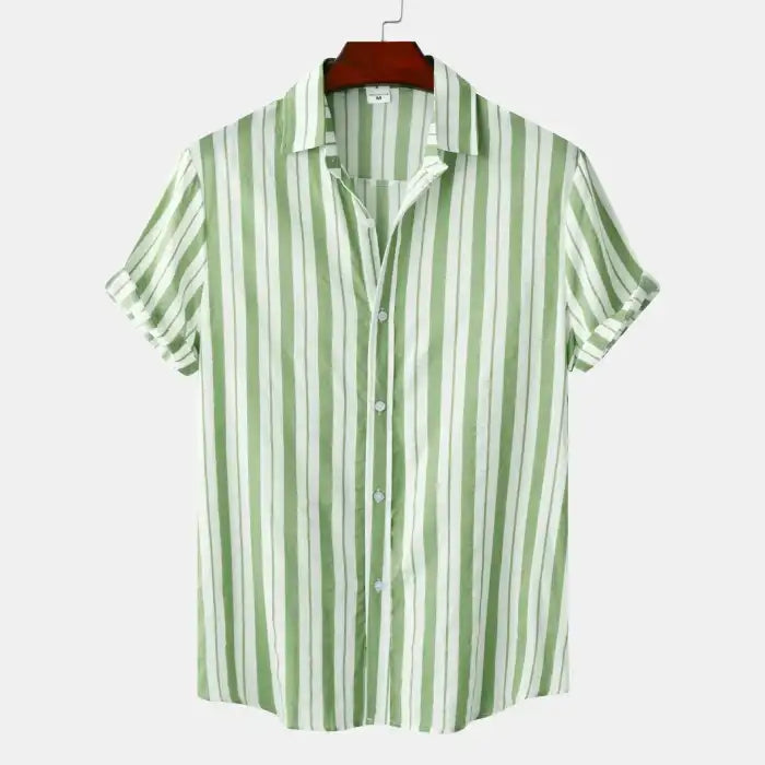  Men's plus size striped short sleeve shirt with green and white vertical stripes, button-up front, and rolled sleeves