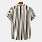  Back view of men's plus size striped short sleeve shirt with green, pink, black, and white vertical stripes