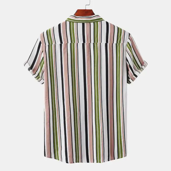  Back view of men's plus size striped short sleeve shirt with green, pink, black, and white vertical stripes