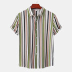  Men's plus size striped short sleeve shirt with green, pink, black, and white vertical stripes on hanger