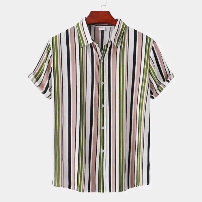  Men's plus size striped short sleeve shirt with green, pink, black, and white vertical stripes on hanger