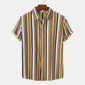  Men's plus size striped short sleeve shirt with yellow, black, and white vertical stripes on hanger