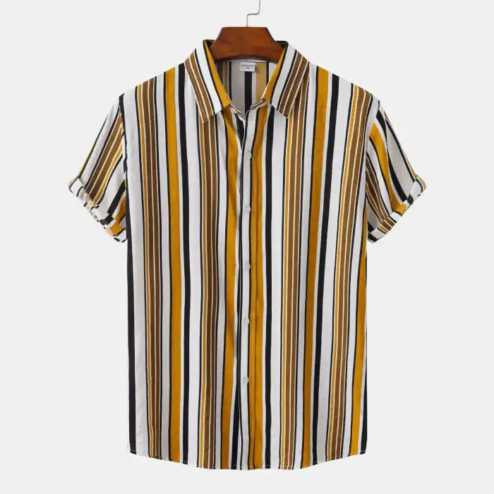  Men's plus size striped short sleeve shirt with yellow, black, and white vertical stripes on hanger