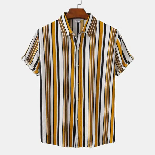  Men's plus size striped short sleeve shirt with yellow, black, and white vertical stripes on hanger