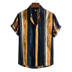  Men's plus size striped short sleeve button-up shirt with multicolor vertical stripes and cuffed sleeves