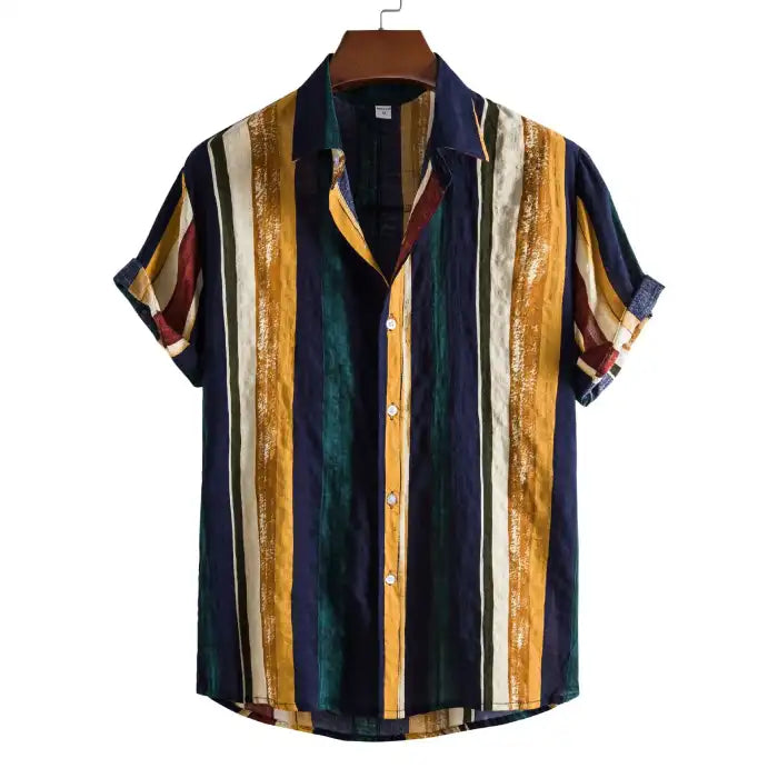 Men's plus size striped short sleeve button-up shirt with multicolor vertical stripes and cuffed sleeves