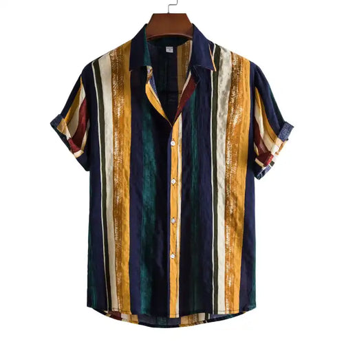  Men's plus size striped short sleeve button-up shirt with multicolor vertical stripes and cuffed sleeves