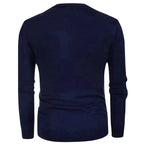 Back view of men's plus size navy striped V neck cardigan with long sleeves and plain design