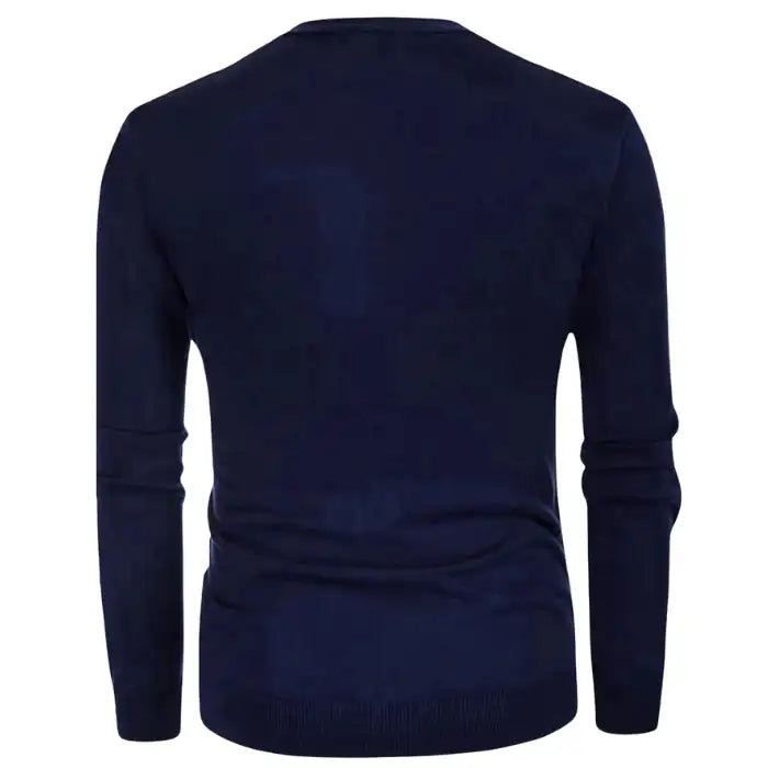 Back view of men's plus size navy striped V neck cardigan with long sleeves and plain design