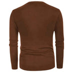 Back view of men's plus size brown striped V neck cardigan with long sleeves and solid color design
