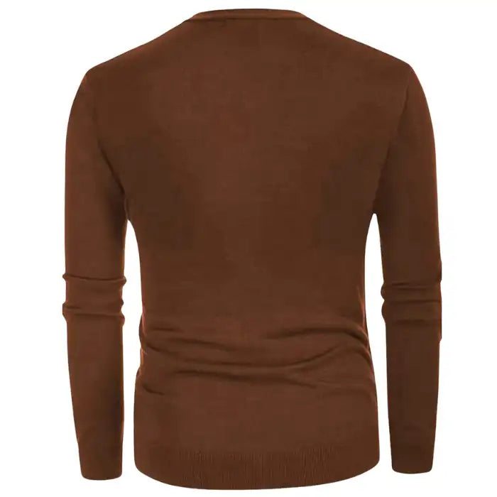 Back view of men's plus size brown striped V neck cardigan with long sleeves and solid color design