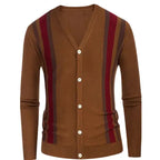 Men's plus size striped V neck cardigan in brown with red and dark brown stripes and white buttons