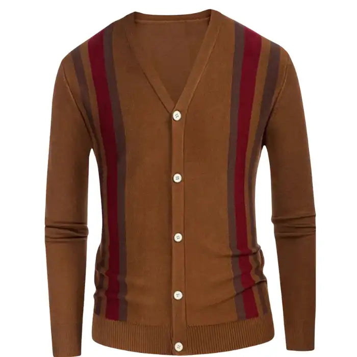Men's plus size striped V neck cardigan in brown with red and dark brown stripes and white buttons