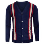  Front view of men's plus size striped V neck cardigan in navy blue with red and beige stripes and button closure