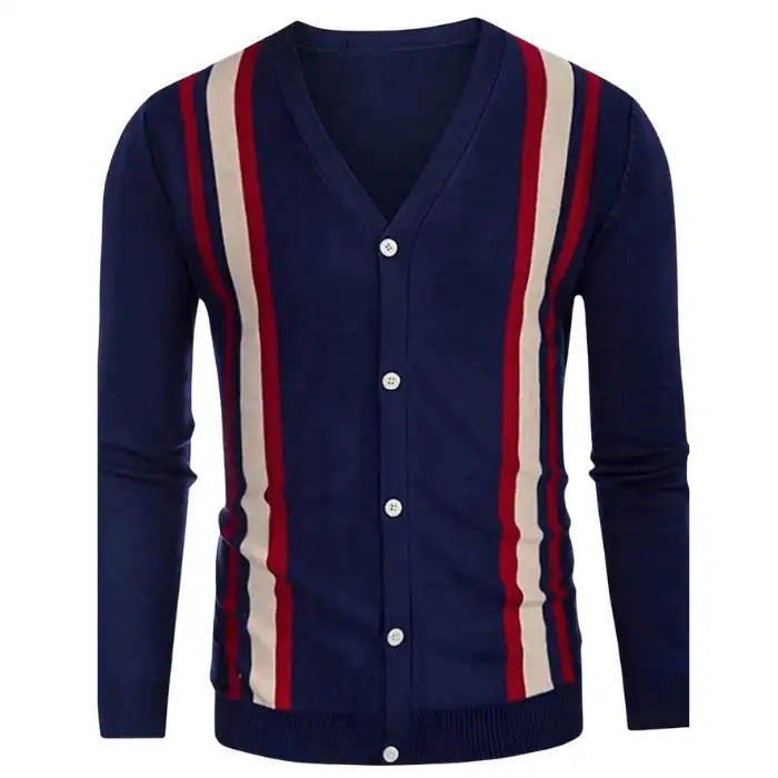  Front view of men's plus size striped V neck cardigan in navy blue with red and beige stripes and button closure