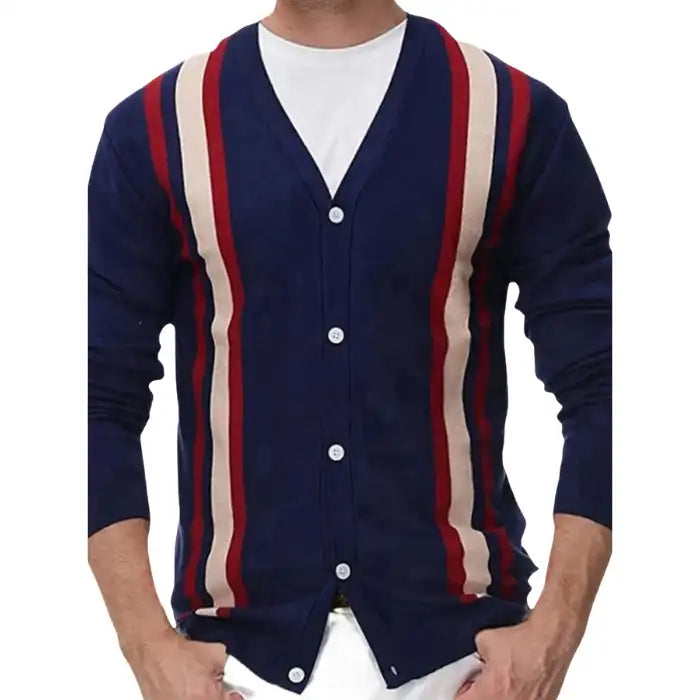 Men's plus size striped V neck cardigan in navy with red and beige vertical stripes and white buttons