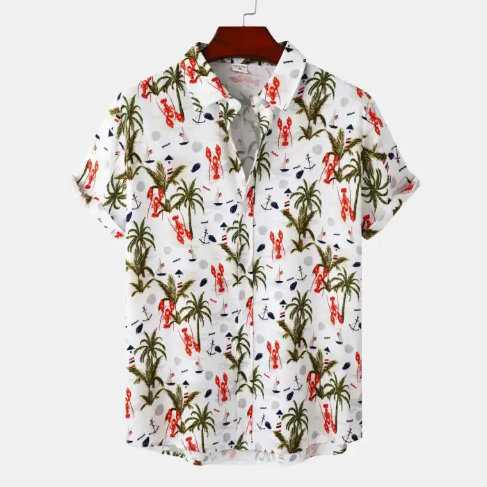  Men's plus size tropical Hawaiian print short sleeve shirt with palm trees and lobsters on white background