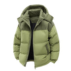 Mens puffer jacket in green with hooded collar and insulated panels designed for warmth, comfort and everyday winter use.