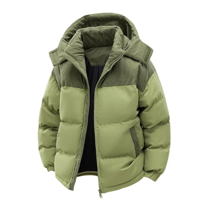 Mens puffer jacket in green with hooded collar and insulated panels designed for warmth, comfort and everyday winter use.