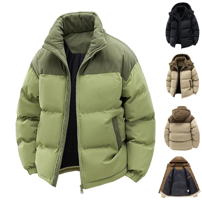 Mens puffer jacket collection showing green black and beige hooded winter styles with insulated padding for warmth and comfort.