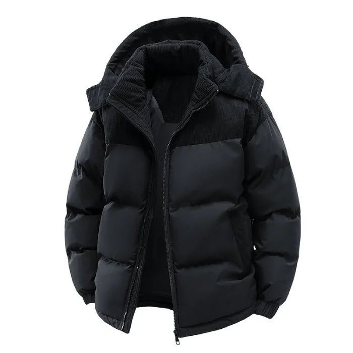 Mens puffer jacket in black with hooded design, quilted insulation and winter-ready build for reliable cold weather protection.