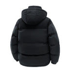 Mens puffer jacket rear view in black highlighting quilted padding and reinforced hood for dependable cold weather insulation.