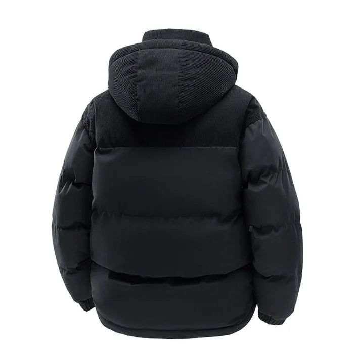 Mens puffer jacket rear view in black highlighting quilted padding and reinforced hood for dependable cold weather insulation.