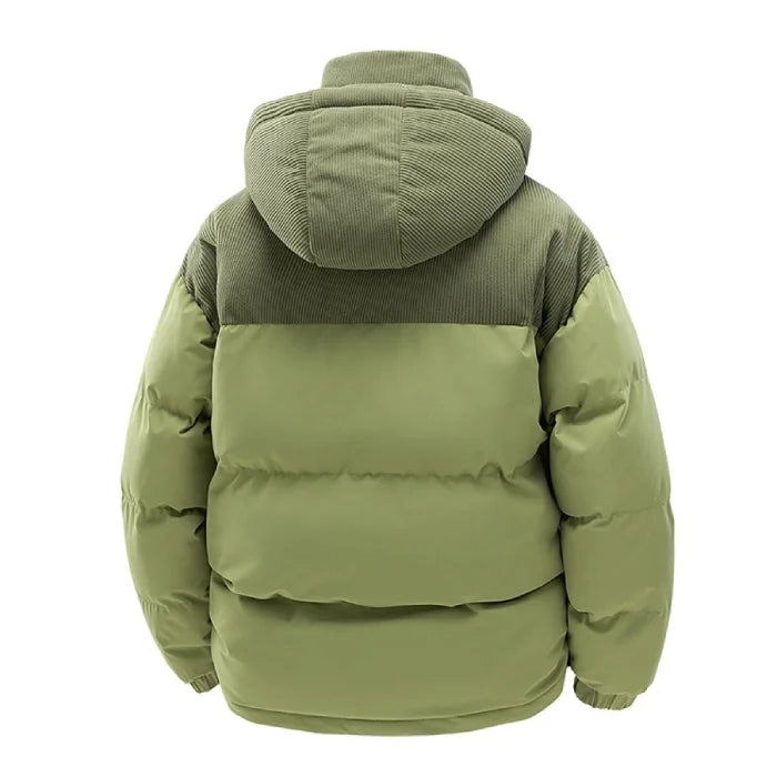 Mens puffer jacket back view in green showing full coverage padding and hooded construction for outdoor winter wear.