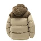 Mens puffer jacket back view with beige padded shell and brown hooded detail offering warmth and winter-ready durability.