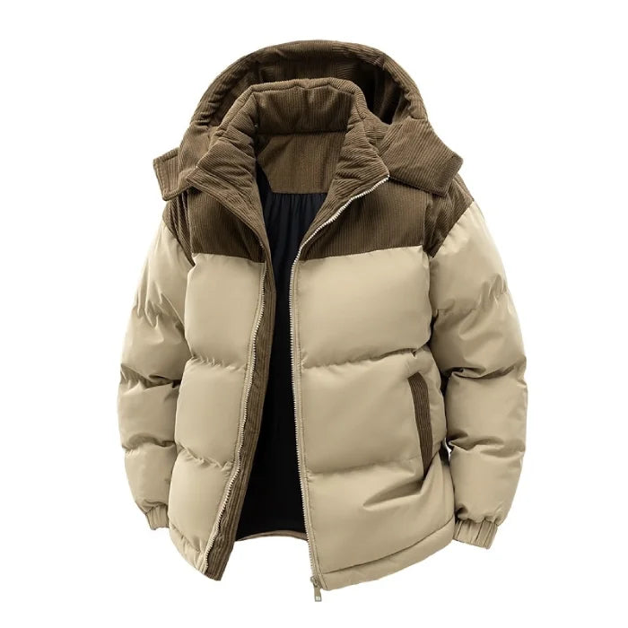 Mens puffer jacket featuring beige and brown two tone design with padded insulation for stylish warmth in winter climates.