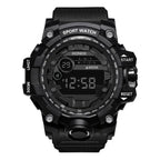 mens rugged digital sports watch waterproof shock resistant all black model with stealth display for tactical outdoor performance