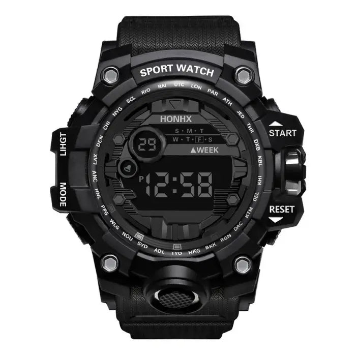 mens rugged digital sports watch waterproof shock resistant all black model with stealth display for tactical outdoor performance