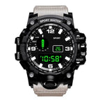 mens rugged digital sports watch waterproof shock resistant with beige strap featuring bold dial for tough daily outdoor wear