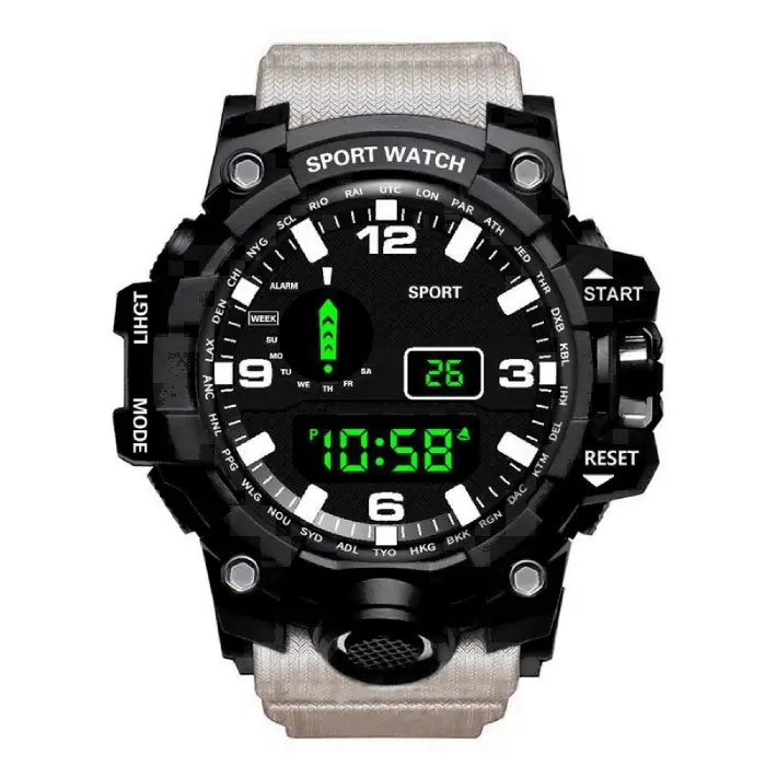 mens rugged digital sports watch waterproof shock resistant with beige strap featuring bold dial for tough daily outdoor wear