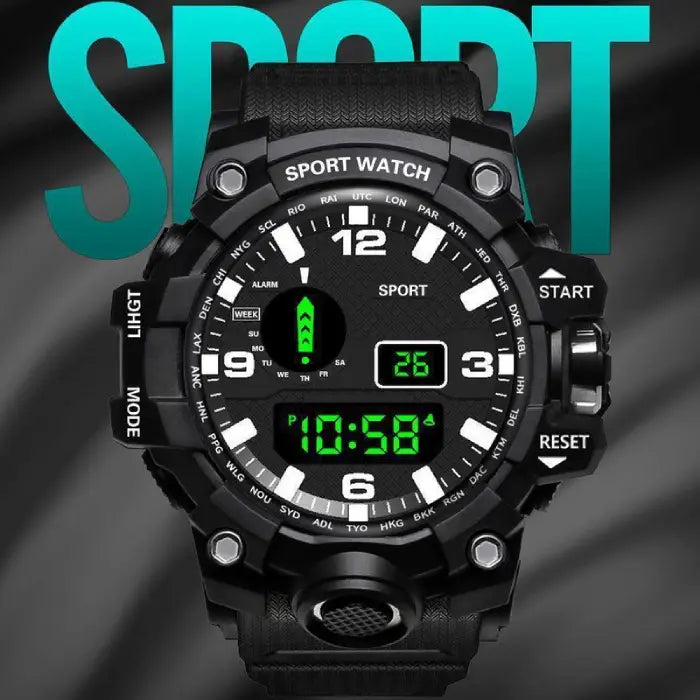 mens rugged digital sports watch waterproof shock resistant in bold black design highlighted in hero shot for strong tactical style
