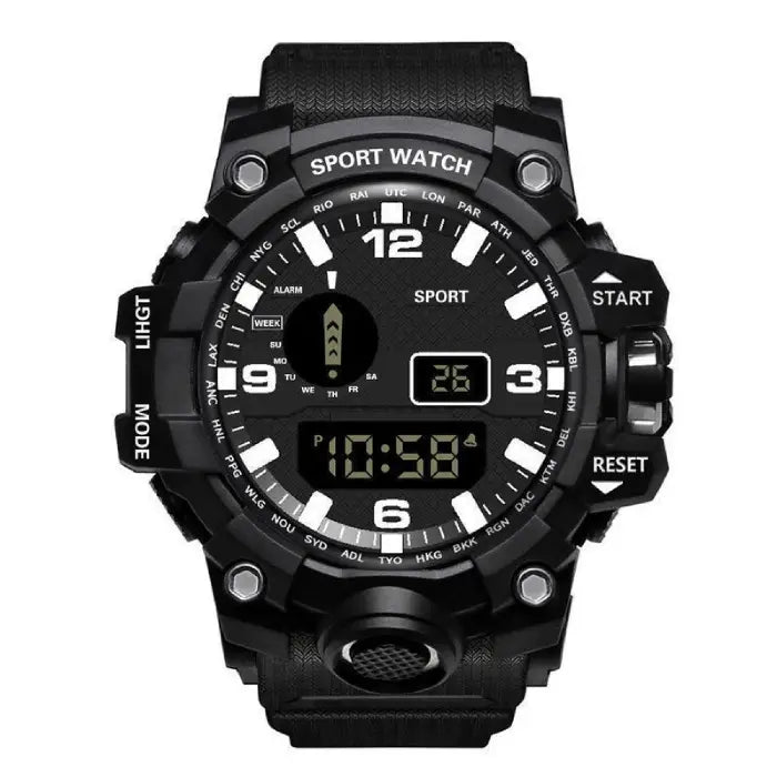 mens rugged digital sports watch waterproof shock resistant black strap version shown in detailed studio view for tactical durability