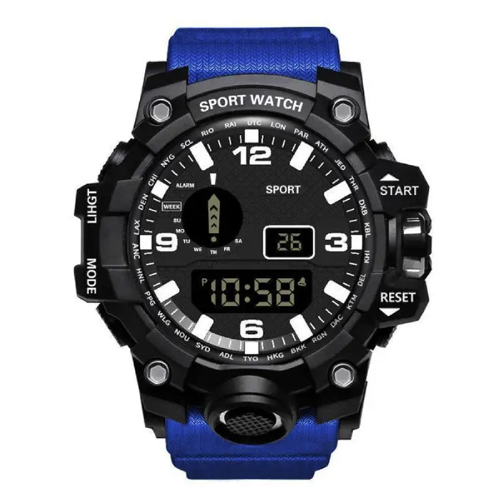 mens rugged digital sports watch waterproof shock resistant with blue strap shown in clear studio view for durable outdoor gear appeal