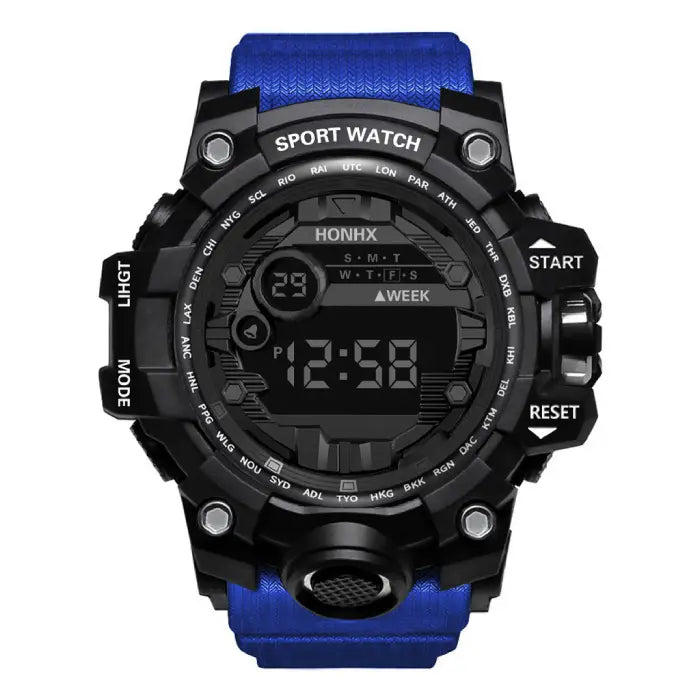 mens rugged digital sports watch waterproof shock resistant blue strap version with strong tactical dial for active outdoor use